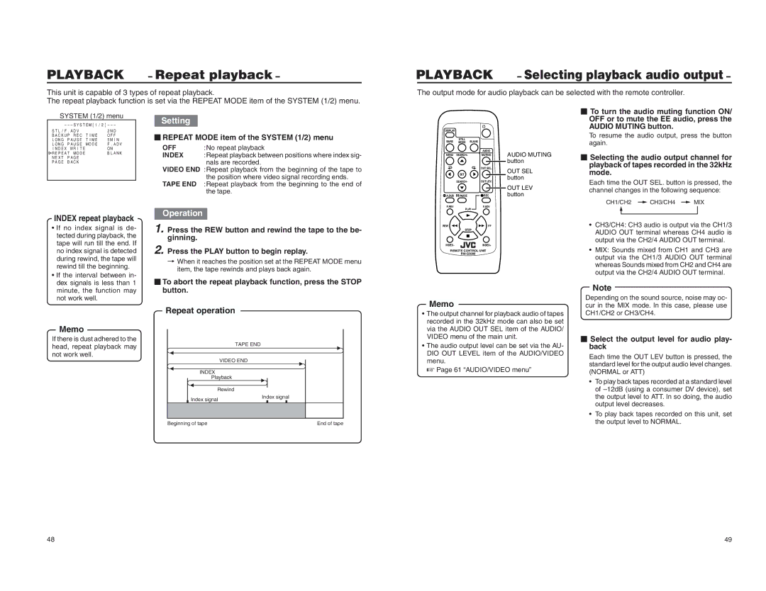 JVC BR-DV3000U instruction manual Repeat playback, Repeat operation, Repeat Mode item of the System 1/2 menu 