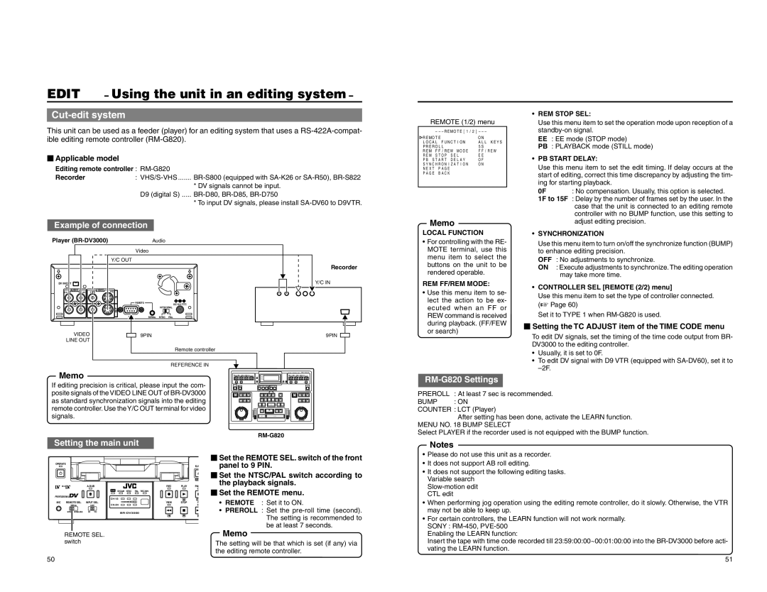 JVC BR-DV3000U Applicable model, Setting the TC Adjust item of the Time Code menu, Panel to 9 PIN, Playback signals 