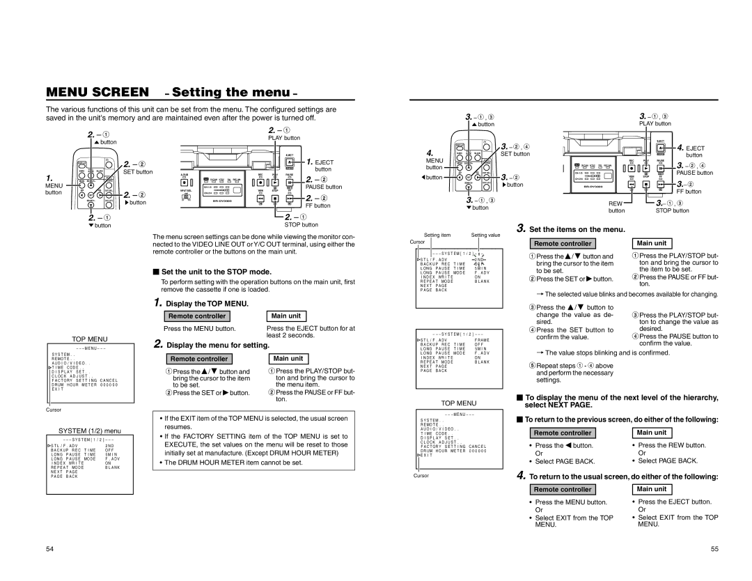 JVC BR-DV3000U instruction manual Set the unit to the Stop mode, Display the TOP Menu, Display the menu for setting 