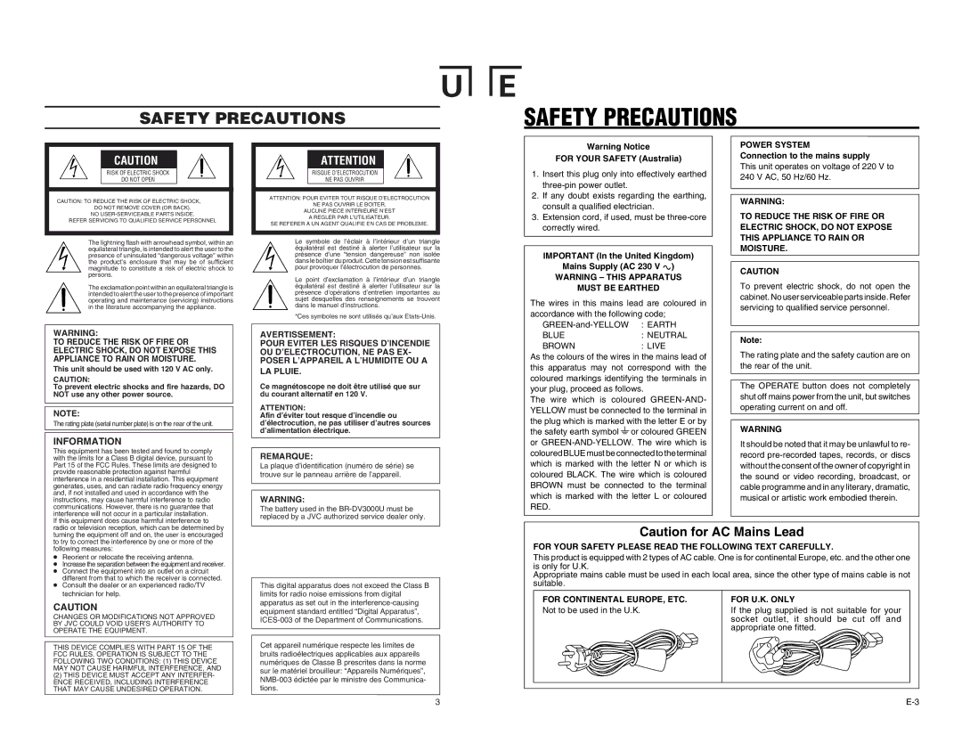 JVC BR-DV3000U instruction manual For Your Safety Australia, Important In the United Kingdom, Mains Supply AC 230 V ` 