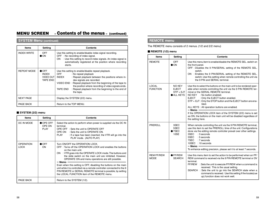 JVC BR-DV3000U instruction manual Contents of the menus 