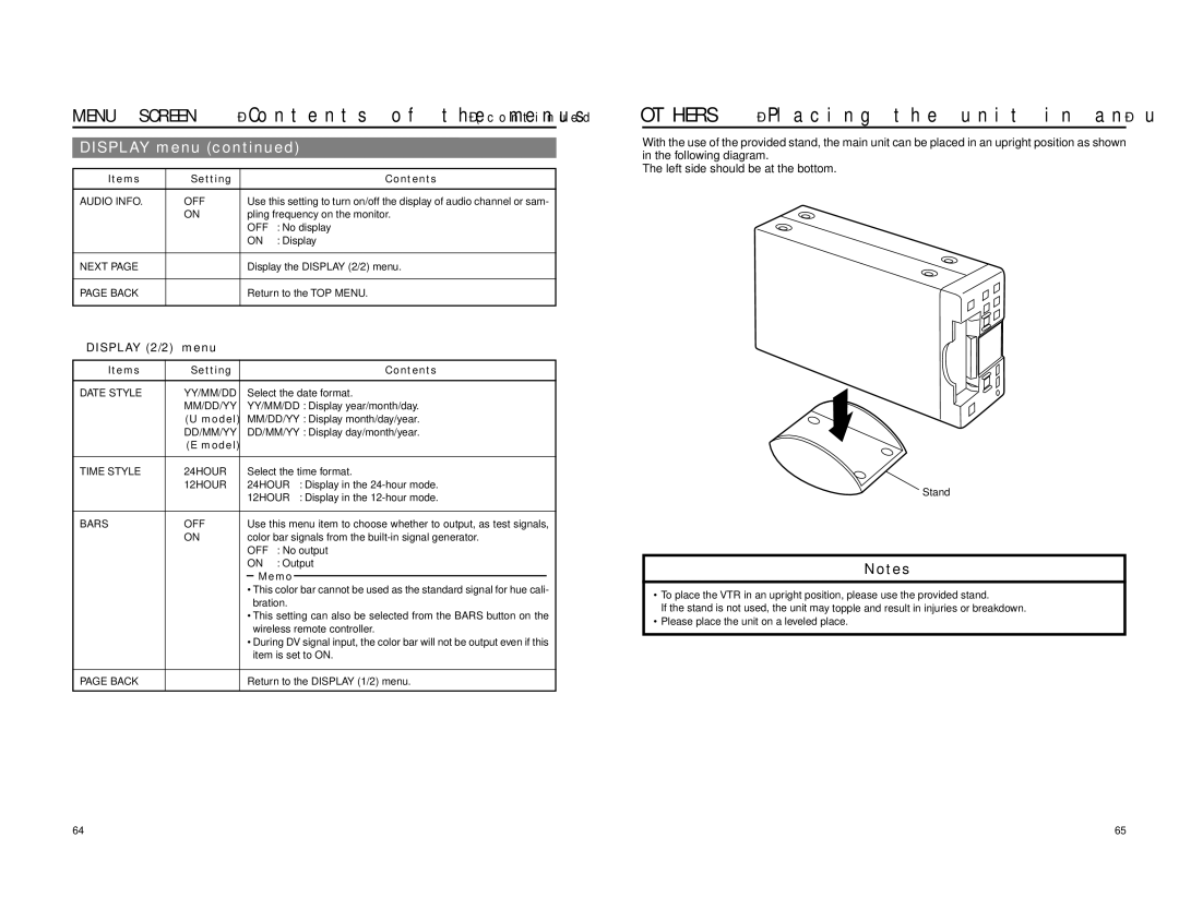 JVC BR-DV3000U instruction manual  Display 2/2 menu, Model 