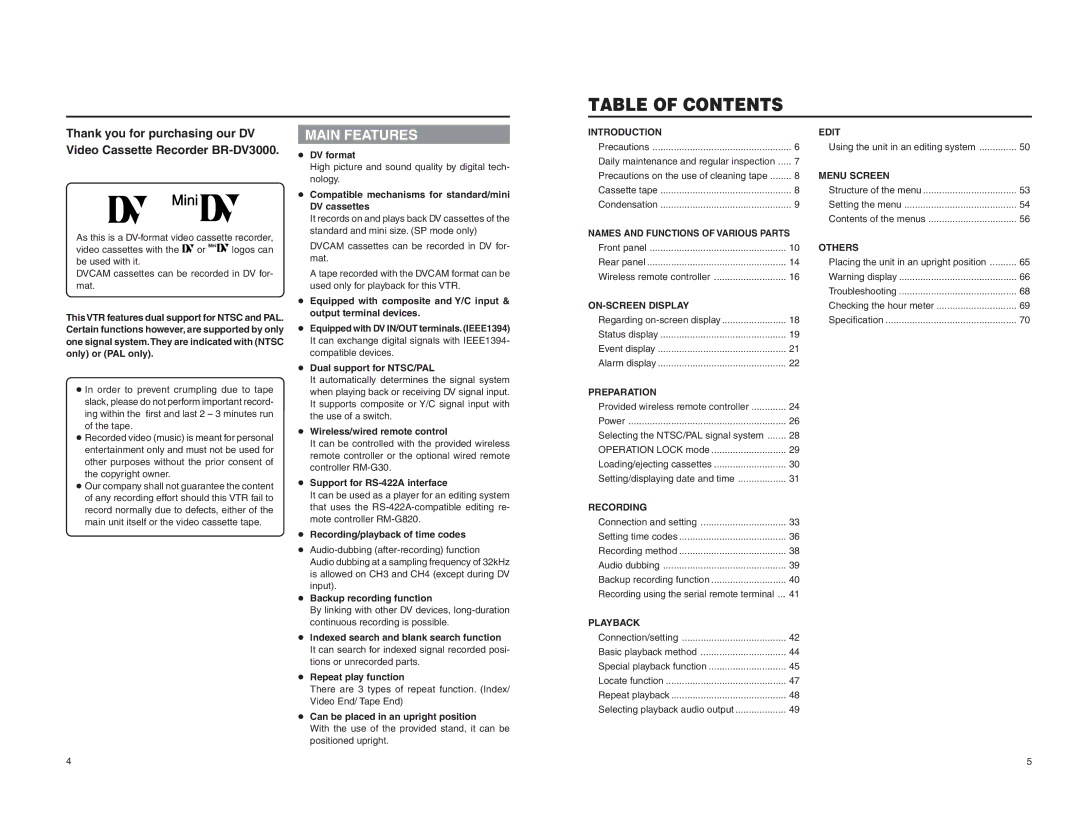 JVC BR-DV3000U instruction manual Table of Contents 