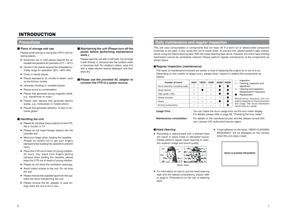 JVC BR-DV3000U instruction manual Precautions, Daily maintenance and regular inspection 