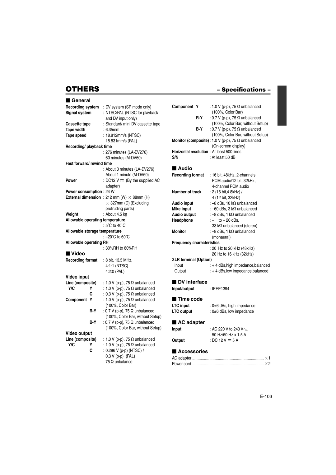 JVC BR-DV6000E instruction manual Specifications 