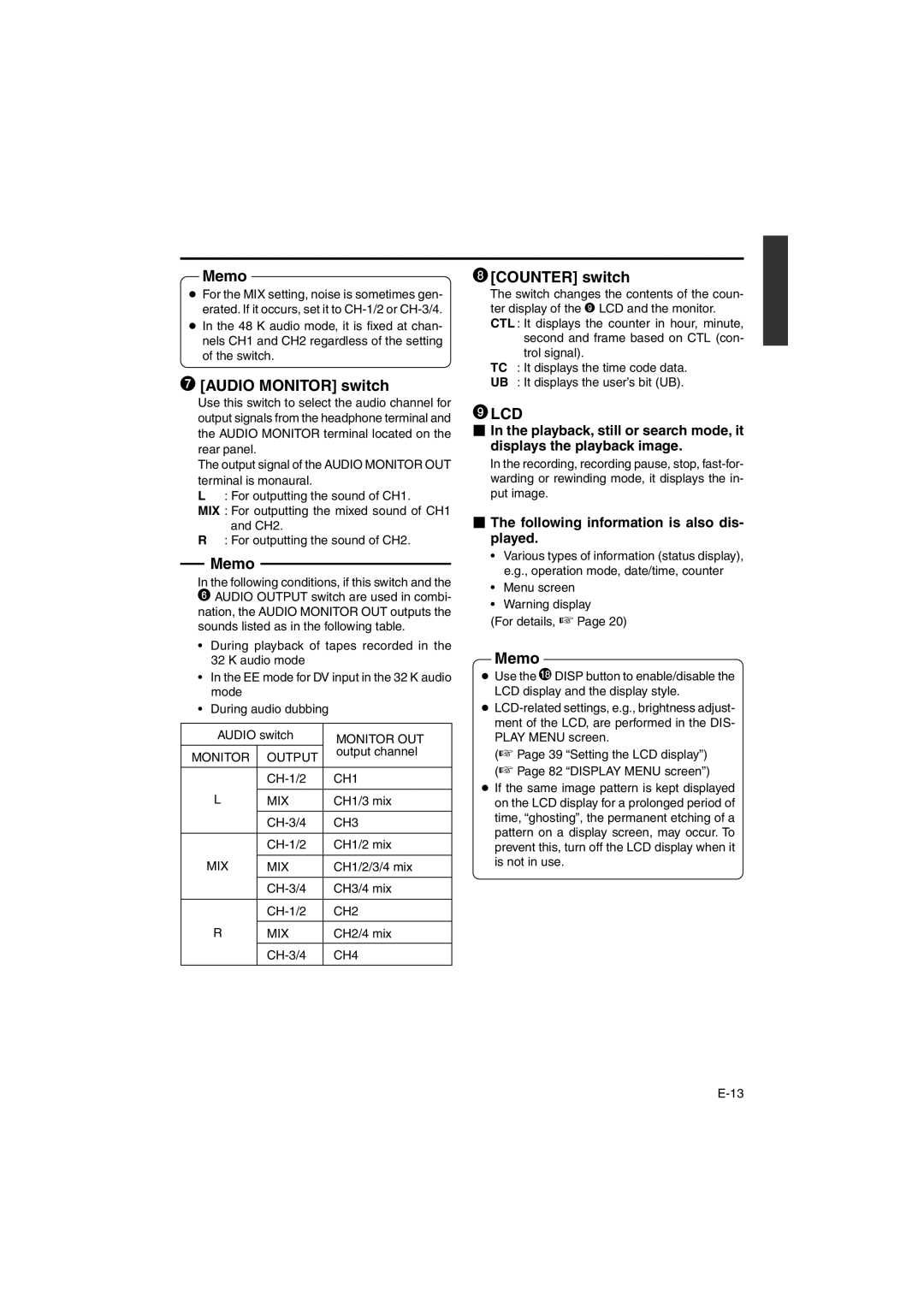 JVC BR-DV6000E instruction manual Audio Monitor switch, Counter switch,  The following information is also dis- played 