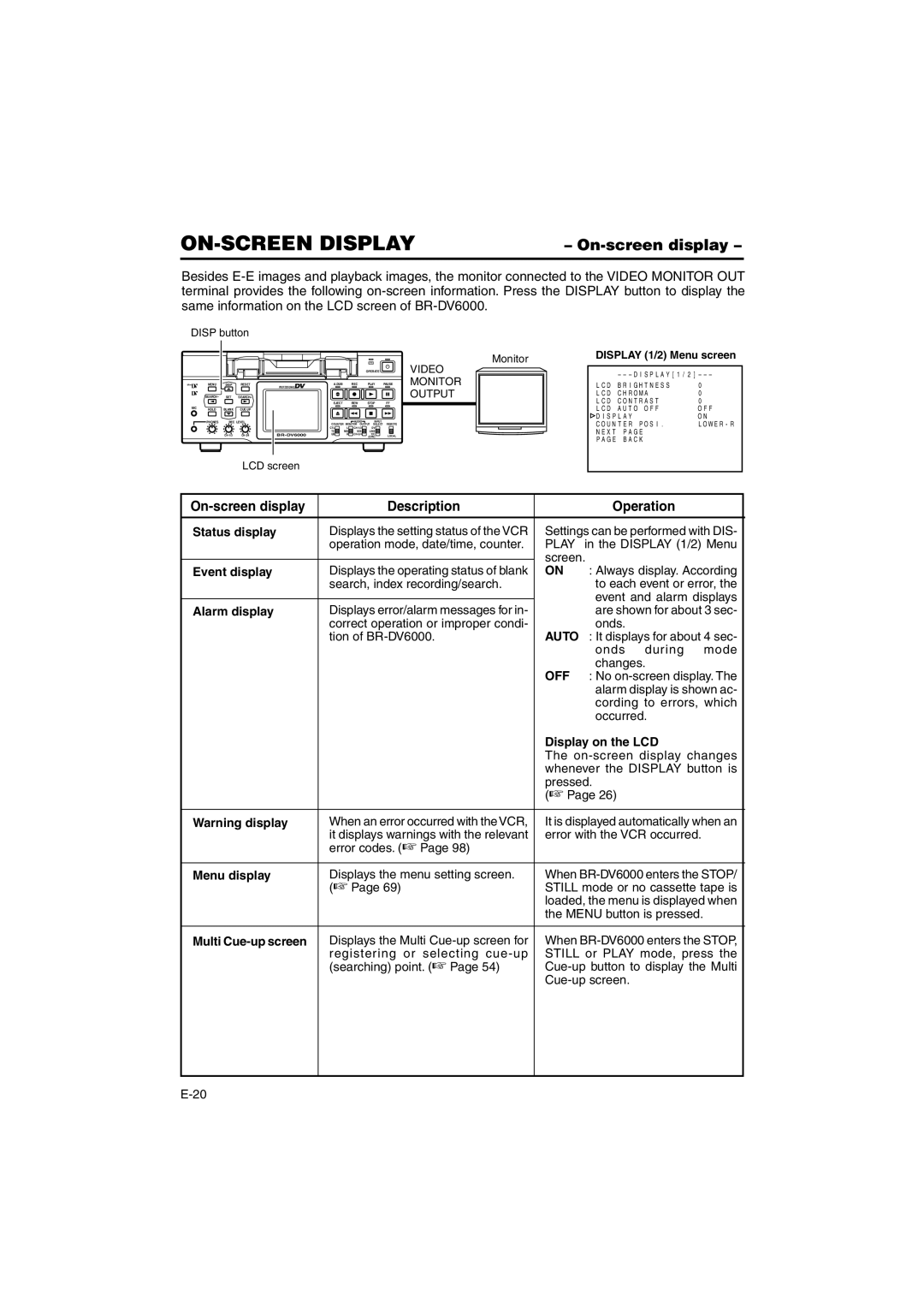 JVC BR-DV6000E instruction manual ON-SCREEN Display, On-screen display Description Operation 