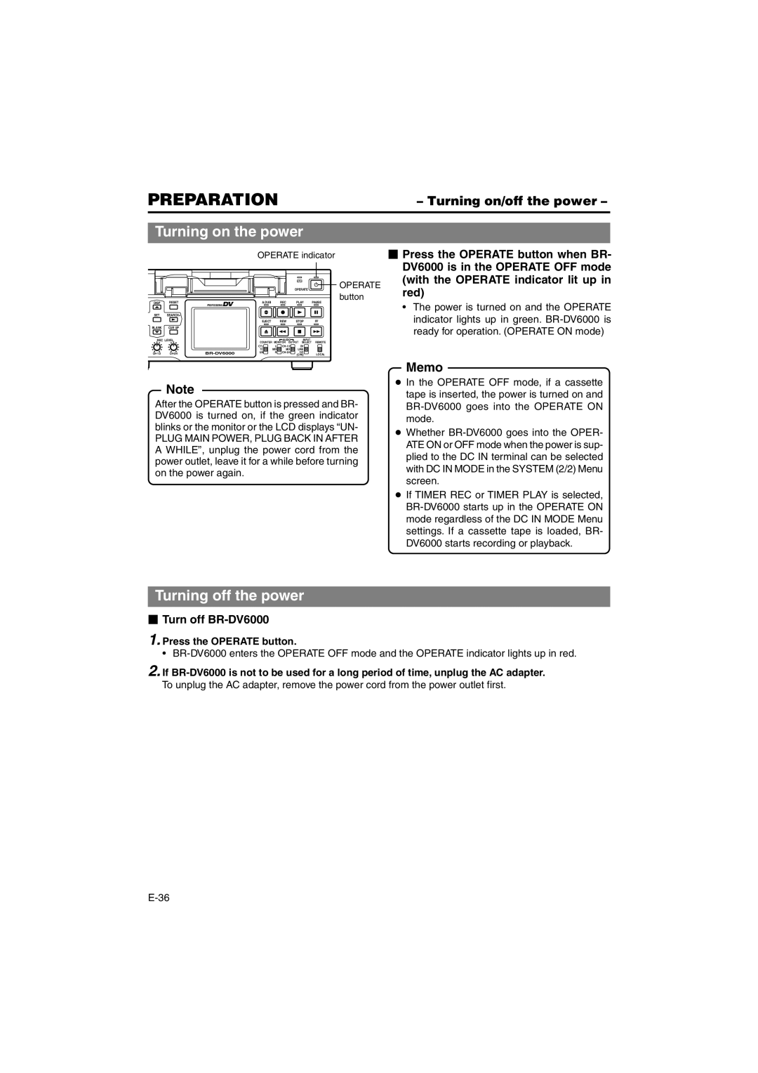 JVC BR-DV6000E instruction manual Preparation, Turning on the power, Turning off the power, Turning on/off the power 