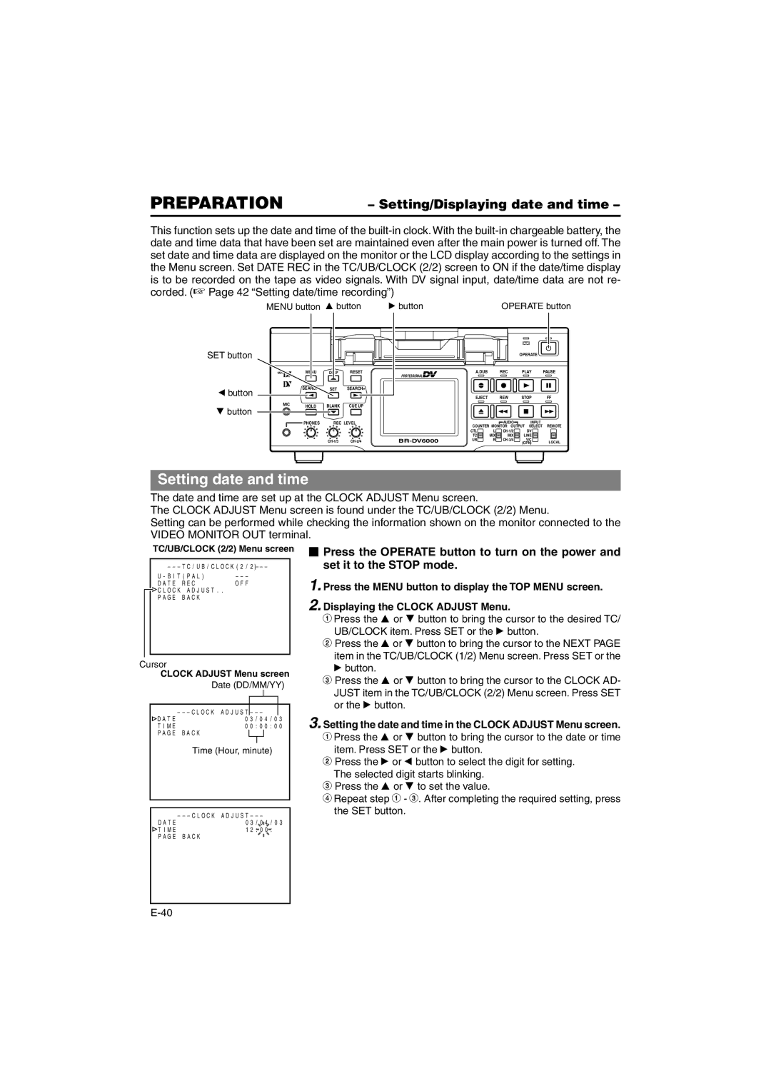 JVC BR-DV6000E instruction manual Setting date and time, Setting/Displaying date and time 