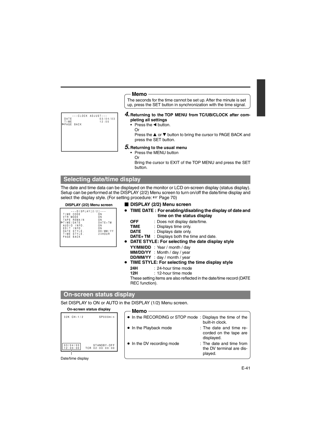 JVC BR-DV6000E instruction manual Selecting date/time display, On-screen status display,  Display 2/2 Menu screen 