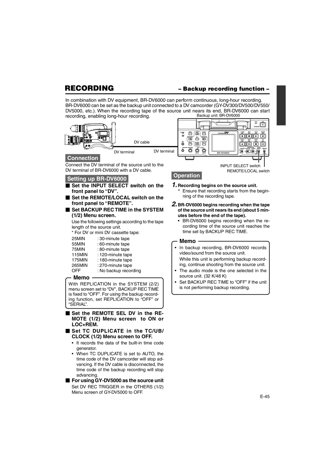 JVC BR-DV6000E instruction manual RECORDING- Backup recording function,  For using GY-DV5000 as the source unit 