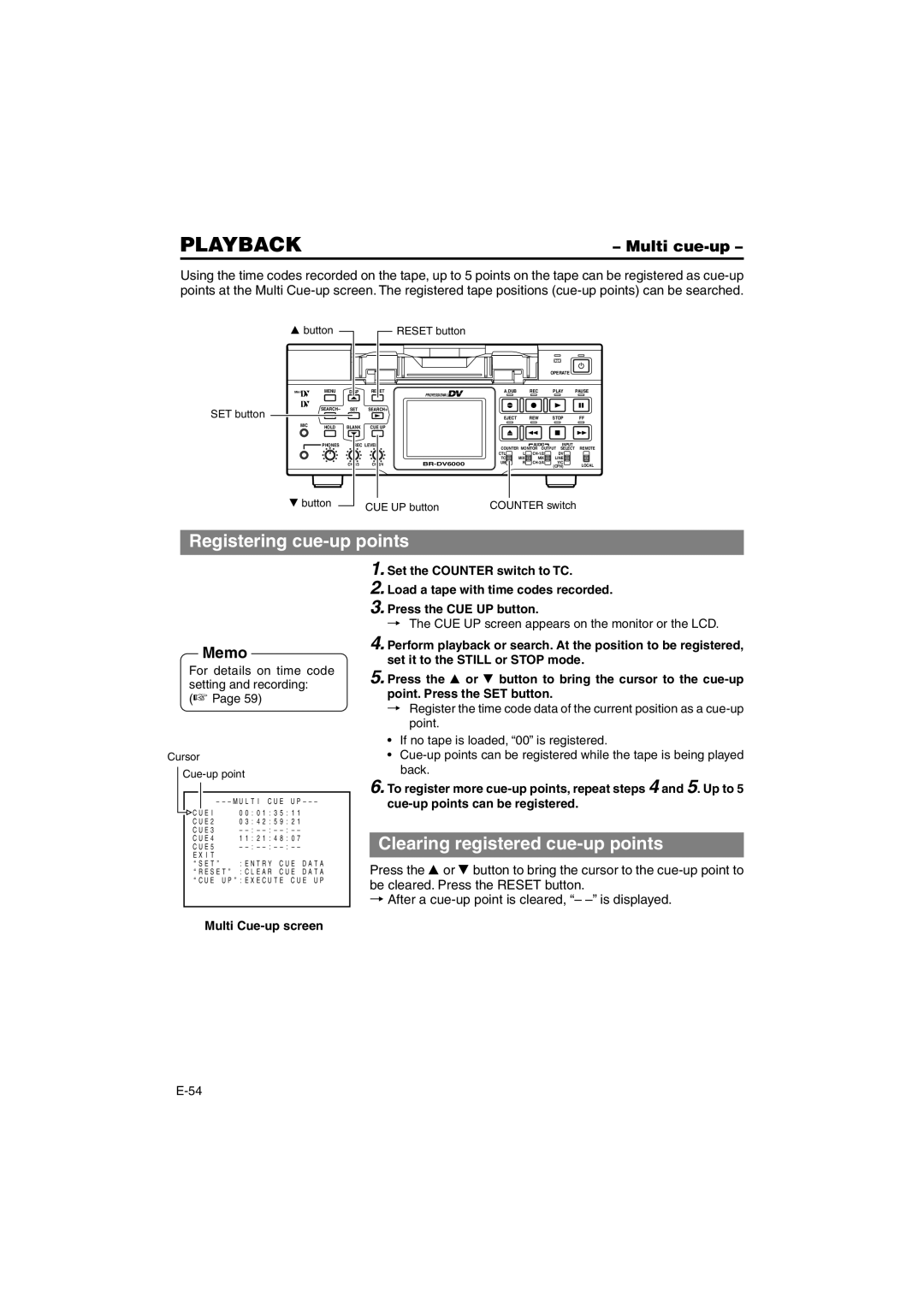 JVC BR-DV6000E instruction manual Registering cue-up points, Clearing registered cue-up points, Multi cue-up 