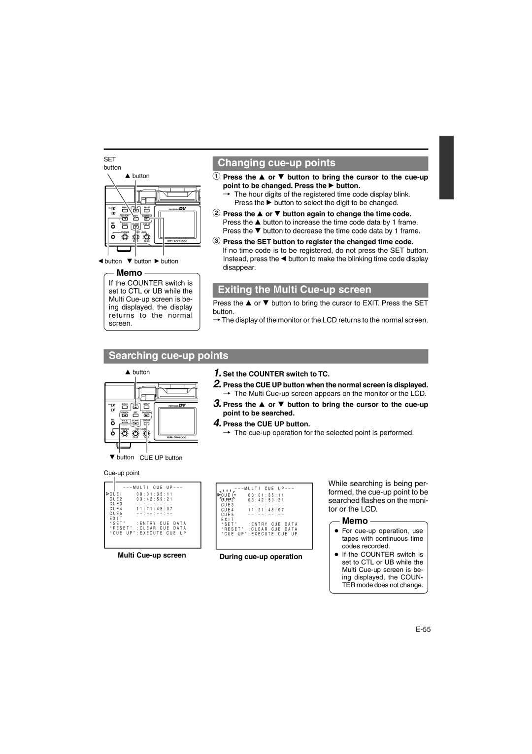 JVC BR-DV6000E instruction manual Changing cue-up points, Exiting the Multi Cue-up screen, Searching cue-up points 