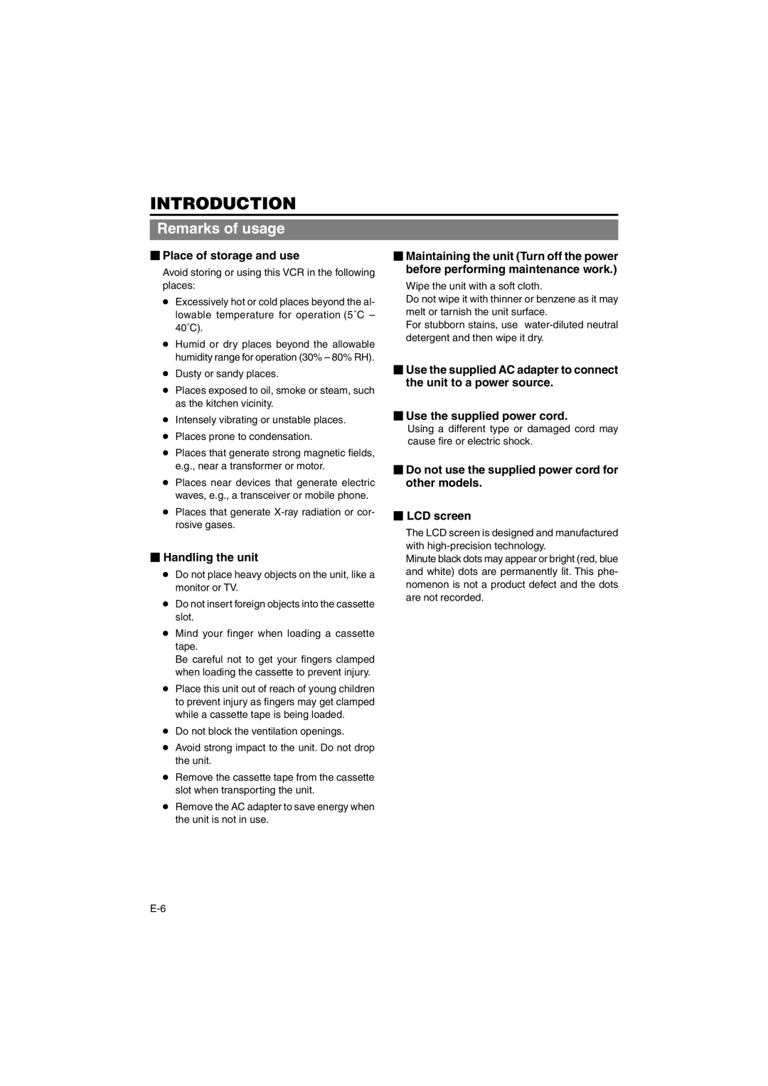 JVC BR-DV6000E instruction manual Introduction, Remarks of usage,  Place of storage and use,  Handling the unit 