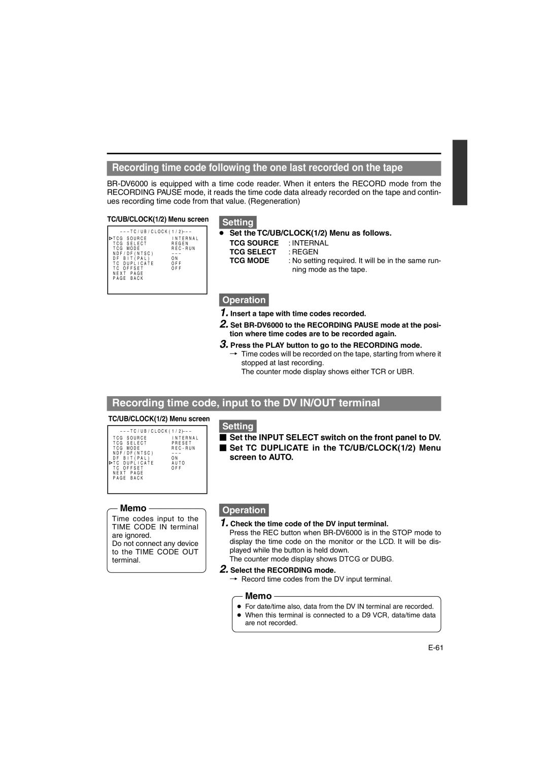 JVC BR-DV6000E Recording time code, input to the DV IN/OUT terminal, TCG Source Internal TCG Select Regen TCG Mode 