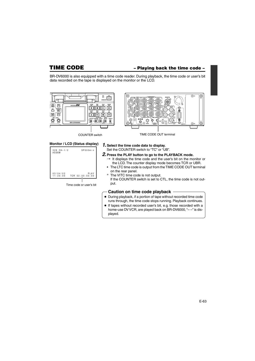 JVC BR-DV6000E Playing back the time code, Monitor / LCD Status display, Select the time code data to display 