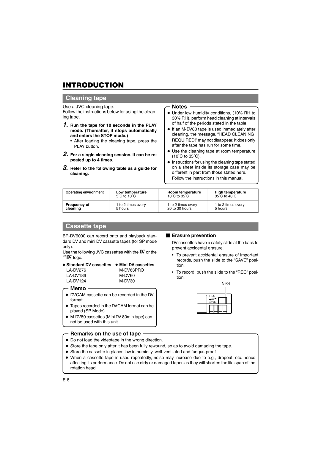 JVC BR-DV6000E instruction manual Cleaning tape, Cassette tape, Memo, Remarks on the use of tape,  Erasure prevention 