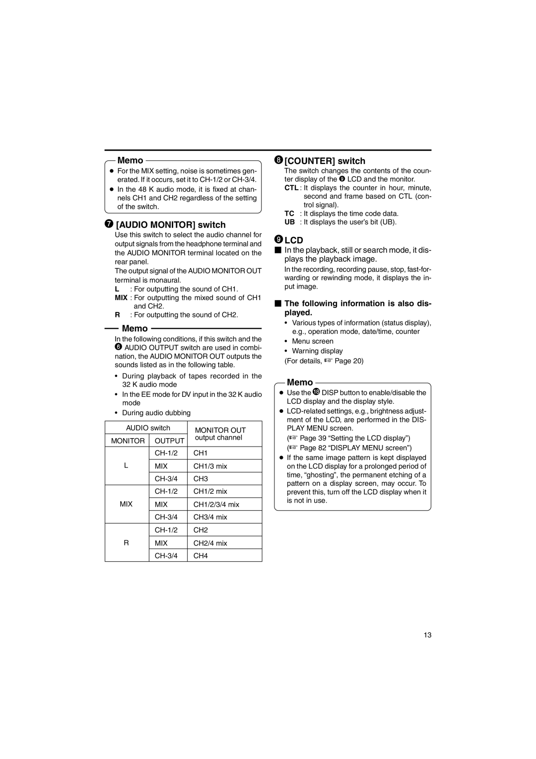 JVC BR-DV6000U instruction manual Audio Monitor switch, Counter switch,  The following information is also dis- played 