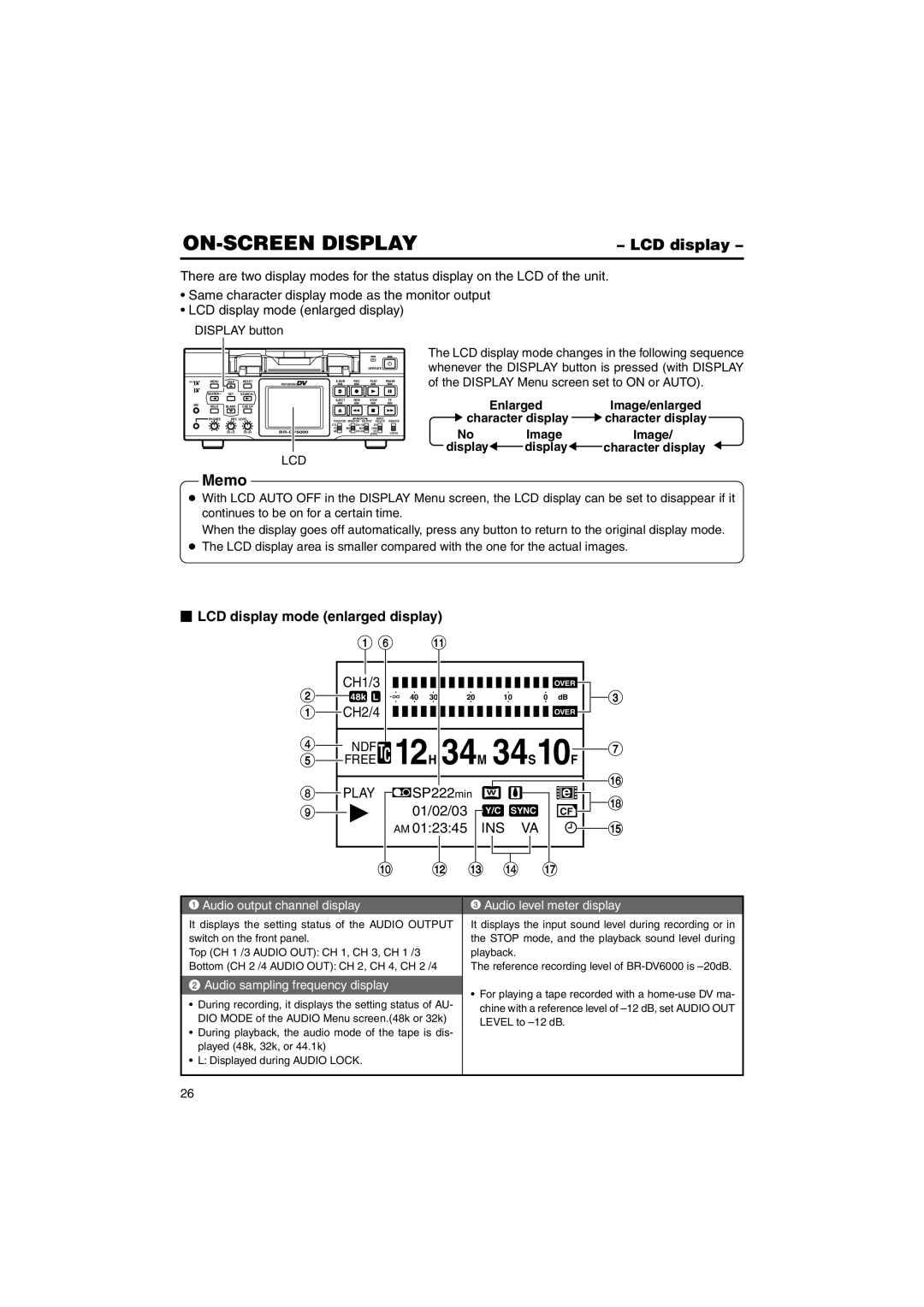 JVC BR-DV6000U instruction manual  LCD display mode enlarged display, Lcd 