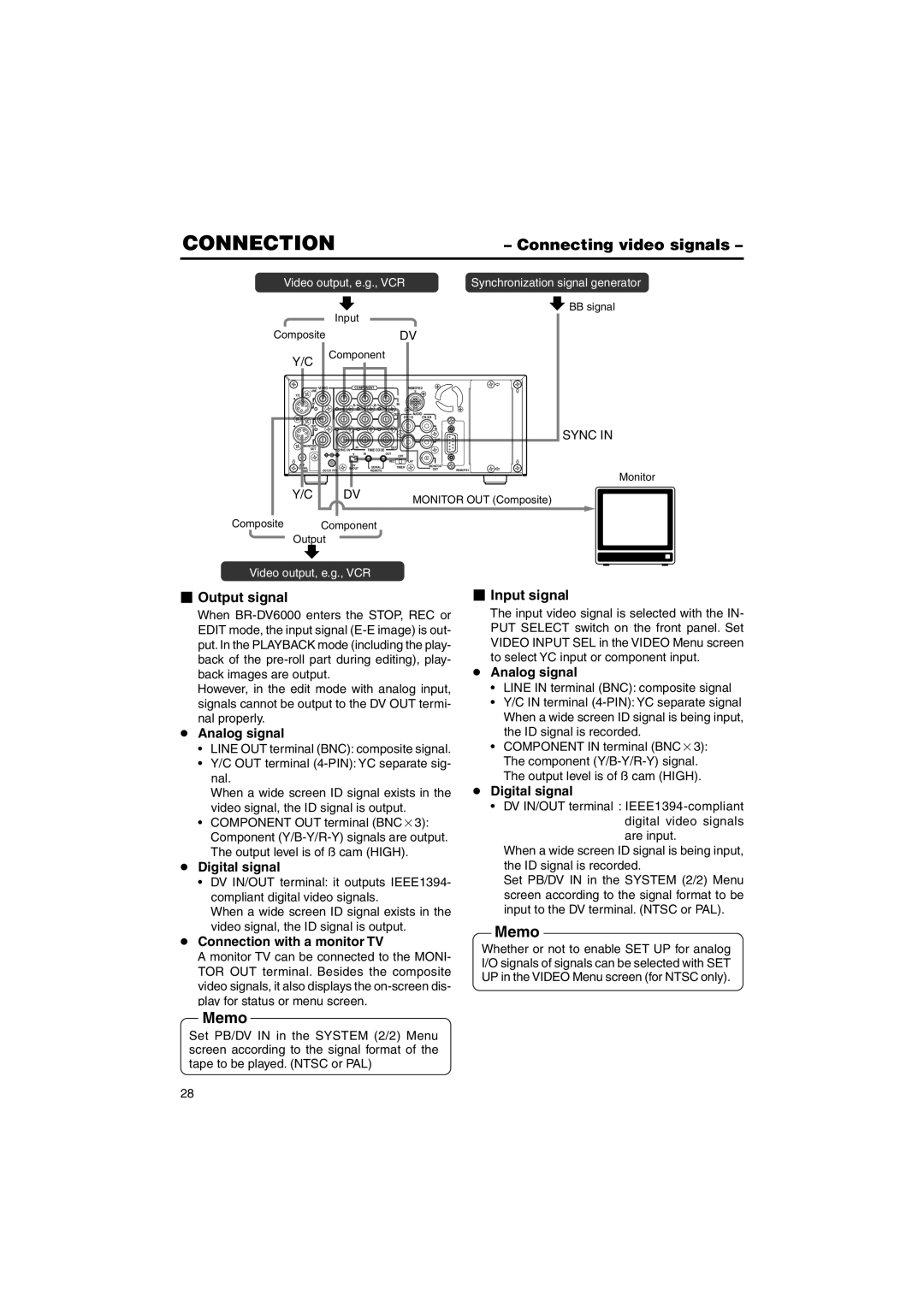 JVC BR-DV6000U instruction manual Connection, Connecting video signals,  Output signal,  Input signal, Sync 