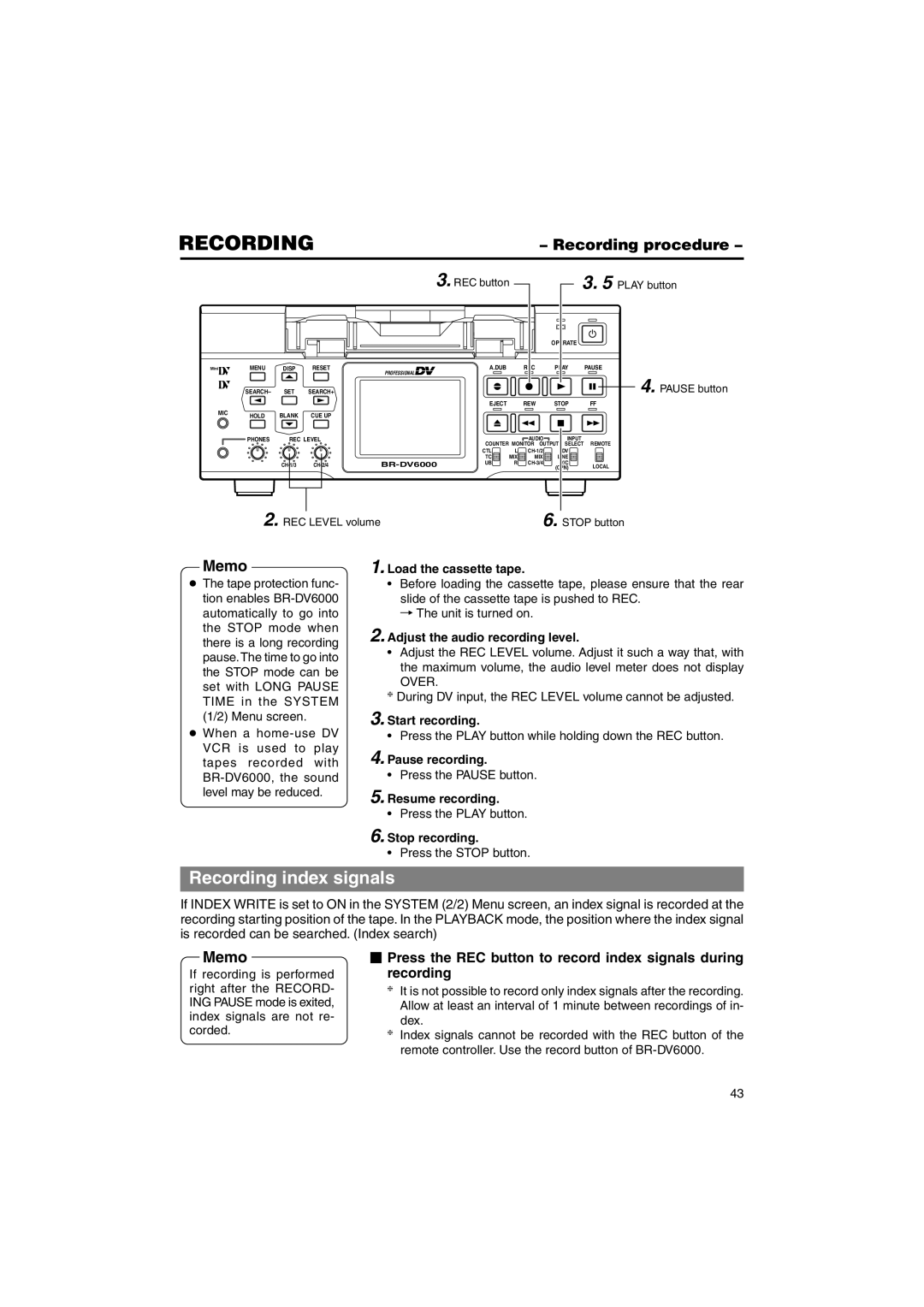 JVC BR-DV6000U instruction manual Recording index signals, Recording procedure 