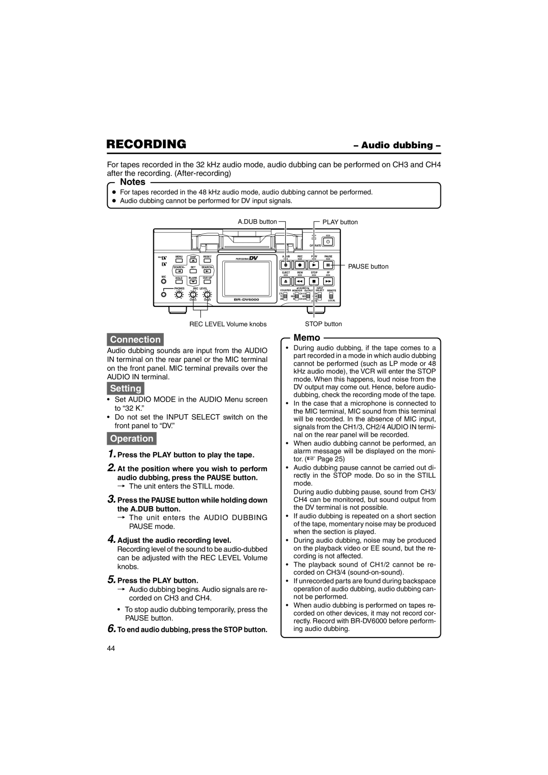 JVC BR-DV6000U instruction manual Audio dubbing, Press the Play button to play the tape 