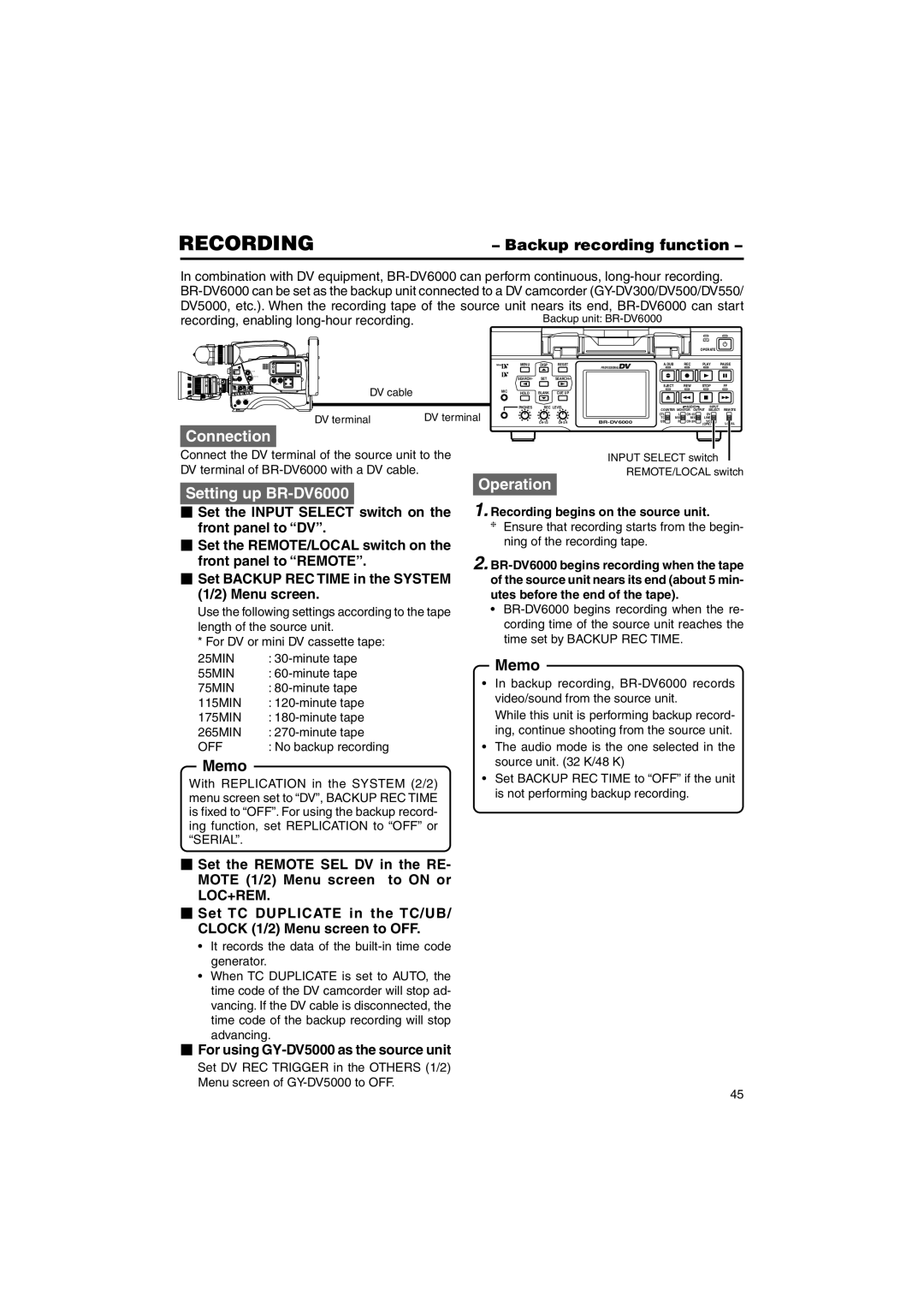 JVC BR-DV6000U RECORDING- Backup recording function,  For using GY-DV5000 as the source unit, Minute tape 