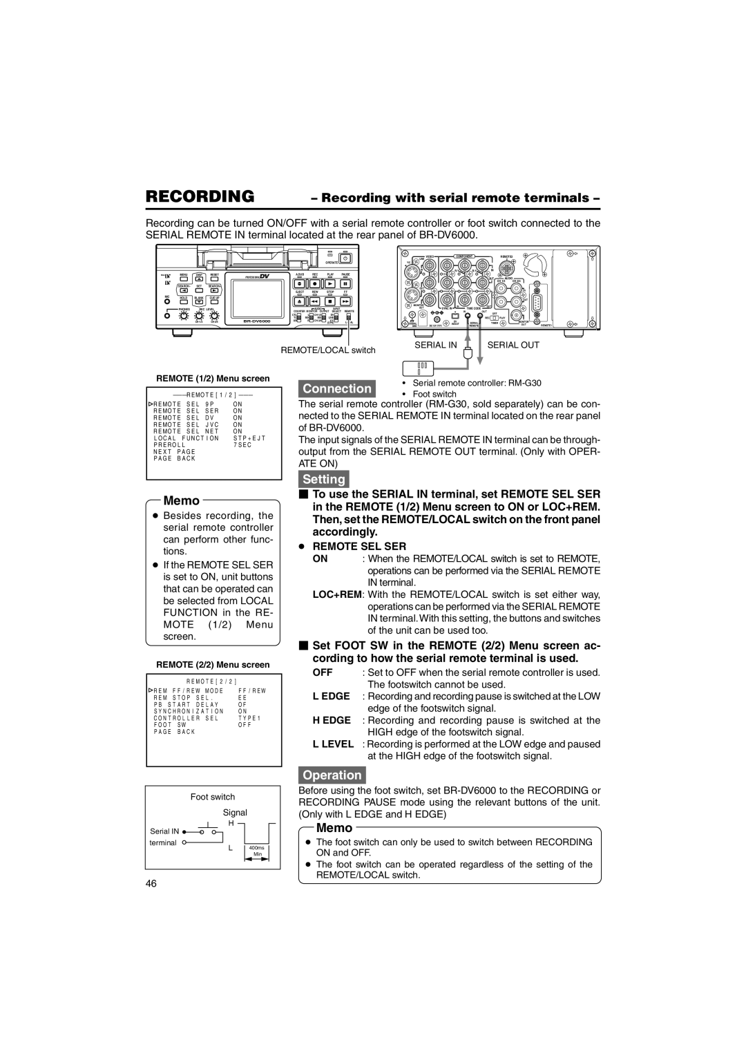 JVC BR-DV6000U instruction manual Recording Recording with serial remote terminals, Remote SEL SER 