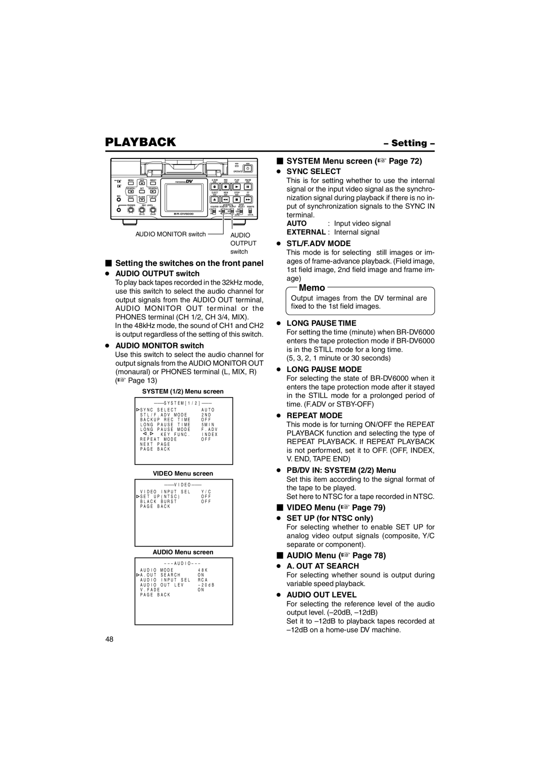 JVC BR-DV6000U Playback,  Setting the switches on the front panel,  System Menu screen,  Video Menu,  Audio Menu 