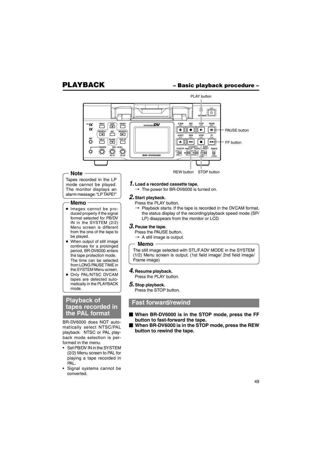 JVC BR-DV6000U Playback of tapes recorded in the PAL format, Fast forward/rewind, Basic playback procedure 