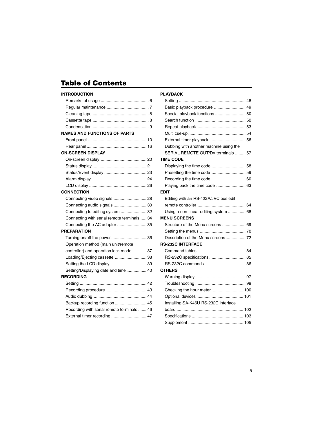 JVC BR-DV6000U instruction manual Table of Contents 