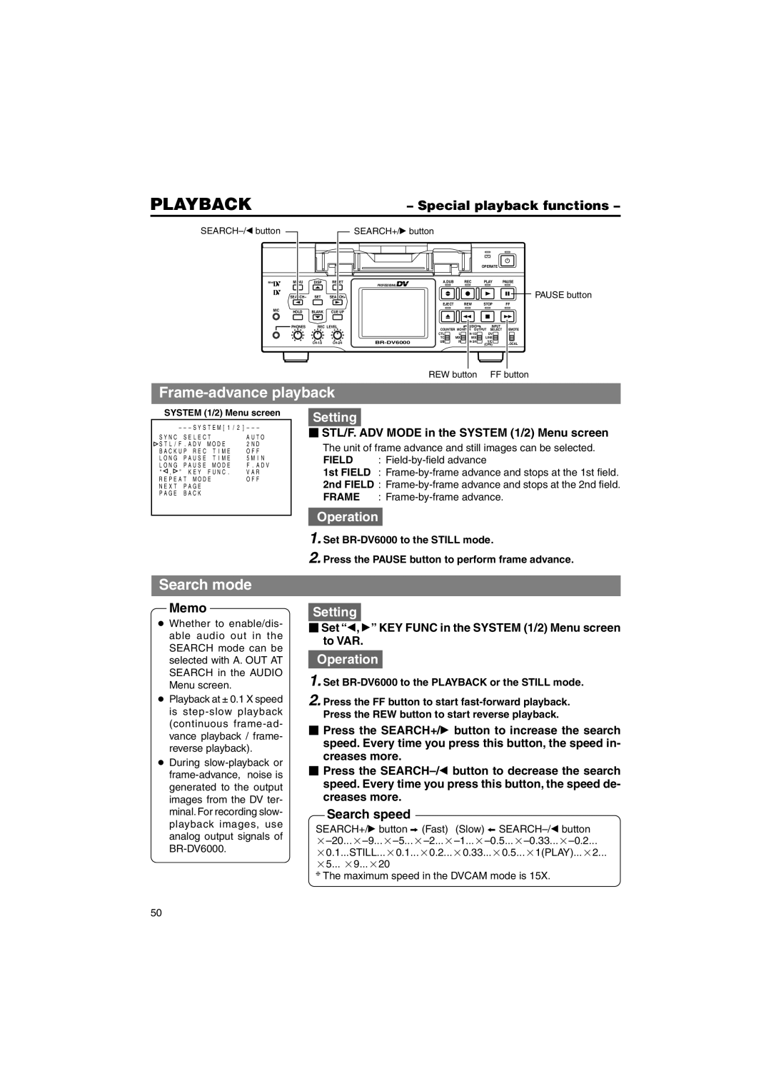 JVC BR-DV6000U instruction manual Frame-advance playback, Search mode, Special playback functions, Search speed 