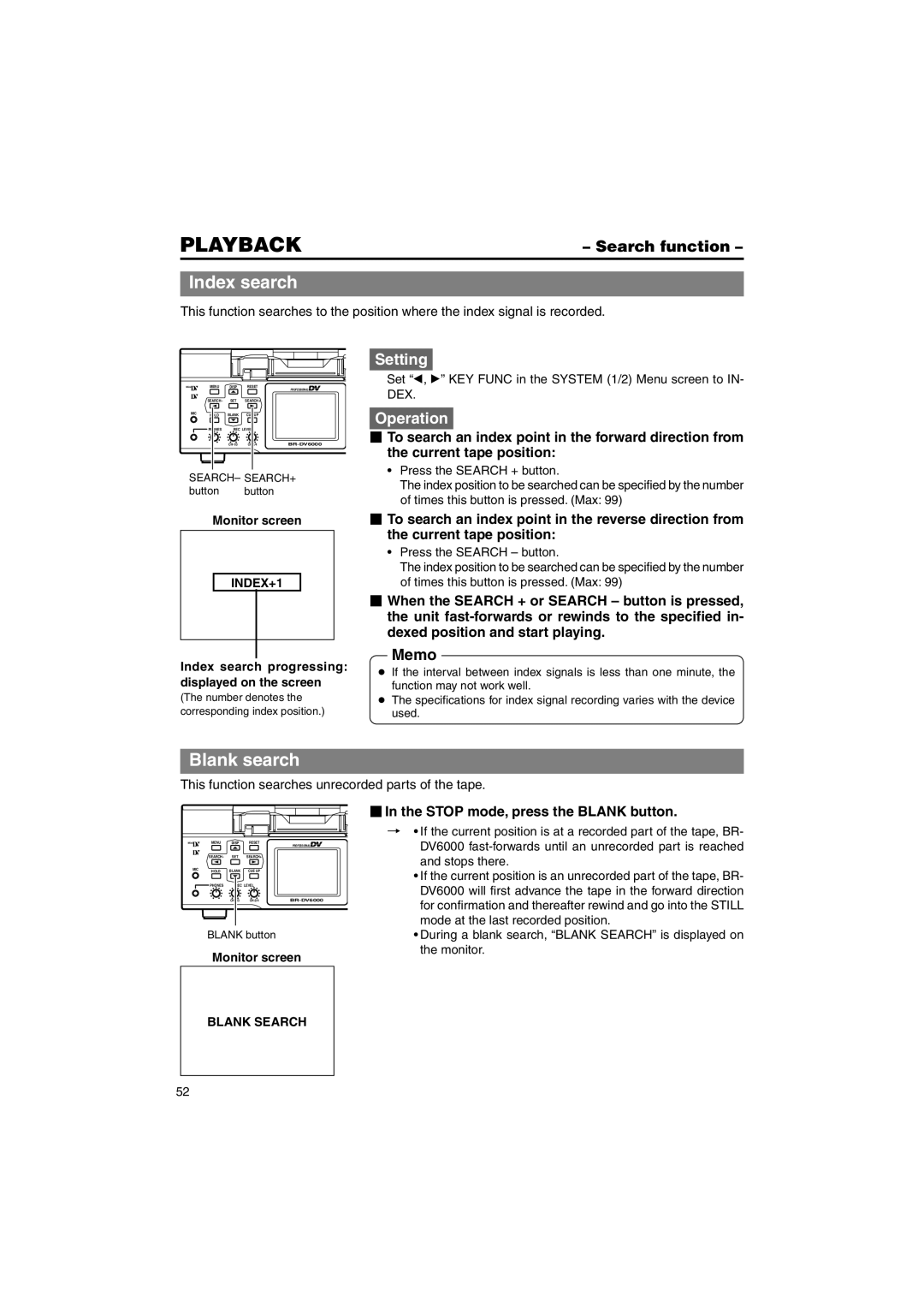 JVC BR-DV6000U instruction manual Index search, Blank search, Search function,  In the Stop mode, press the Blank button 