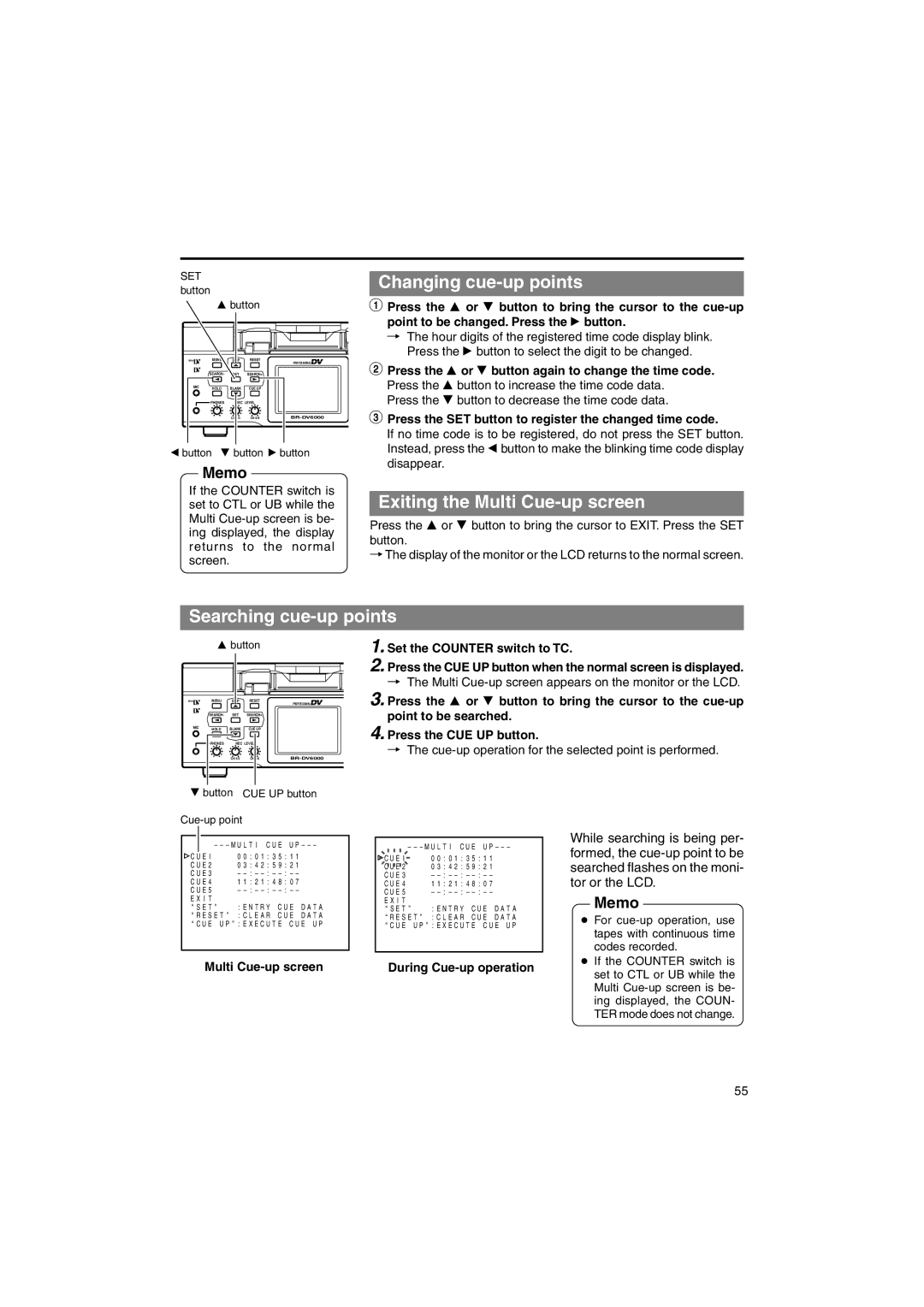 JVC BR-DV6000U instruction manual Changing cue-up points, Exiting the Multi Cue-up screen, Searching cue-up points 