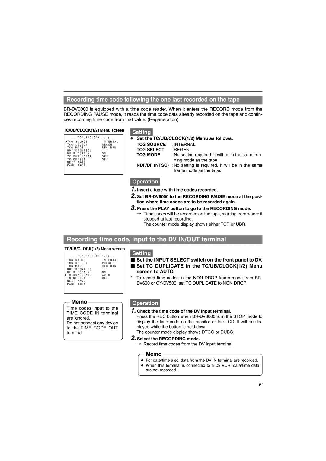 JVC BR-DV6000U Recording time code, input to the DV IN/OUT terminal, TCG Source, TCG Select, TCG Mode, NDF/DF Ntsc 