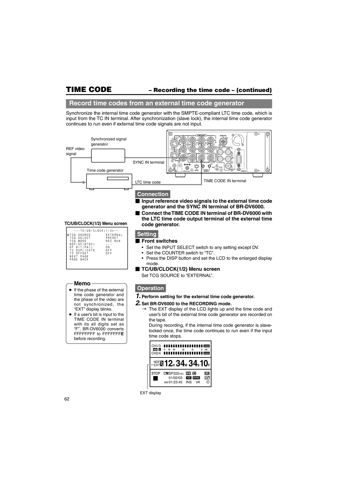 JVC BR-DV6000U Record time codes from an external time code generator,  Front switches,  TC/UB/CLOCK1/2 Menu screen 