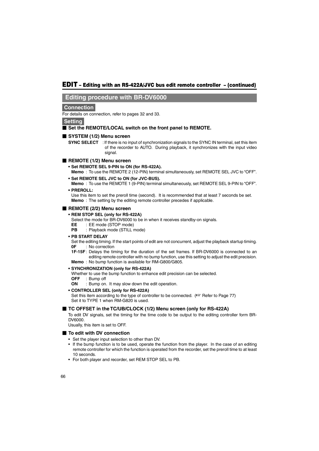 JVC BR-DV6000U instruction manual Editing procedure with BR-DV6000,  Remote 1/2 Menu screen,  Remote 2/2 Menu screen 