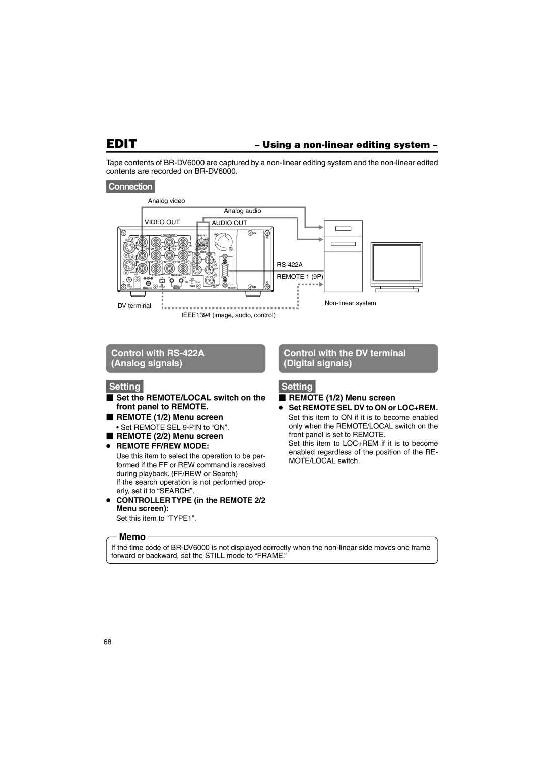 JVC BR-DV6000U Edit, Using a non-linear editing system, Remote FF/REW Mode, Controller Type in the Remote 2/2 Menu screen 