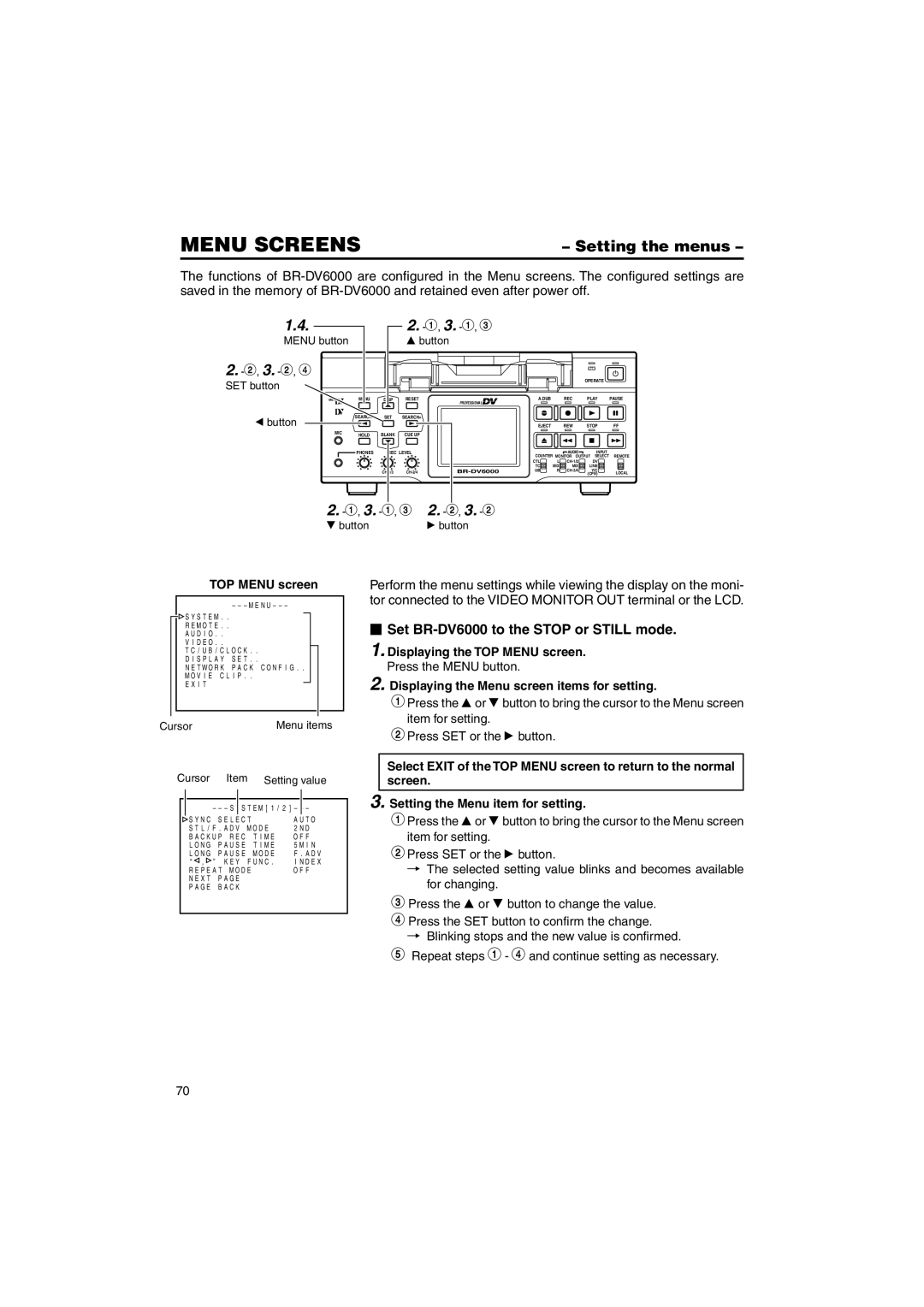 JVC BR-DV6000U instruction manual Setting the menus,  Set BR-DV6000 to the Stop or Still mode, TOP Menu screen 