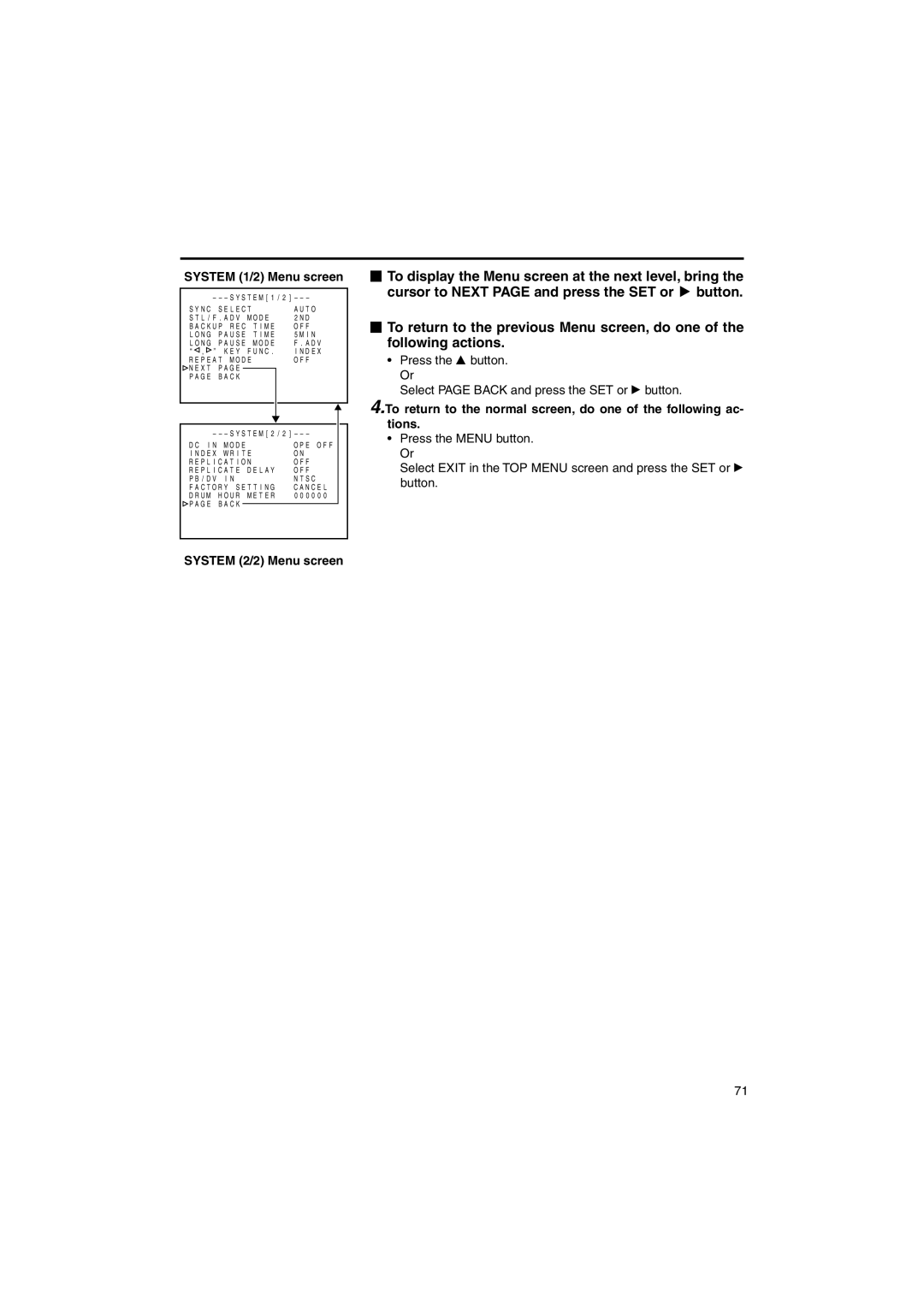 JVC BR-DV6000U instruction manual System 1/2 Menu screen, System 2/2 Menu screen 