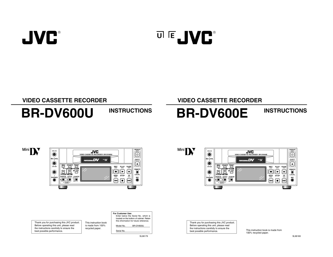 JVC BR-DV600E manual Enter below the Serial No. which is, This information for future reference, Model No, BR-DV600U 