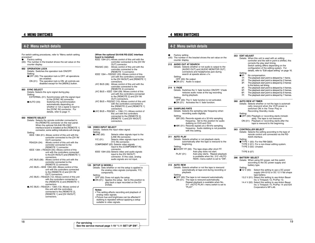 JVC BR-DV600E manual Menu Switches, Menu switch details 