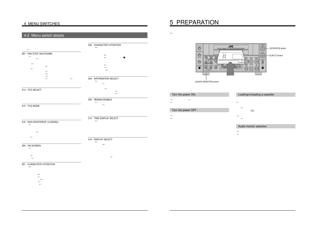 JVC BR-DV600E Preparation, Turn the power on, Turn the power OFF, Loading/unloading a cassette, Audio monitor selection 