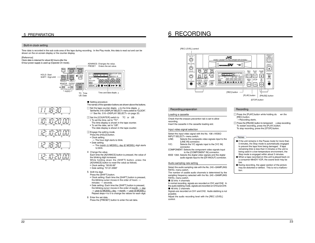 JVC BR-DV600E manual Preparation, Built-in clock setting, Recording preparation, 1Recording 