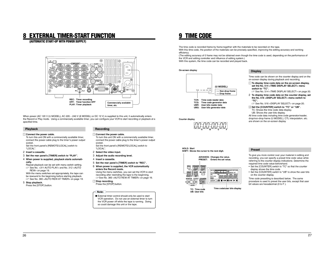 JVC BR-DV600E manual Time Code, Display, Preset 