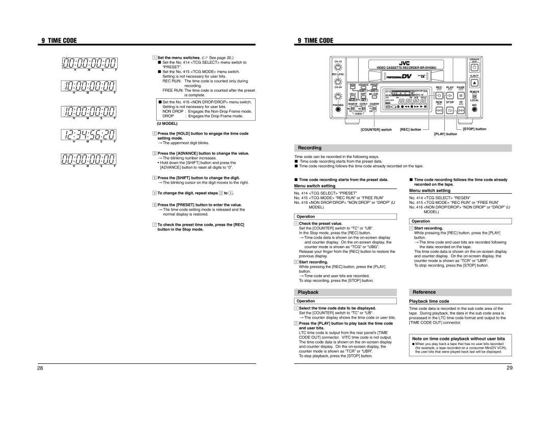 JVC BR-DV600E manual Time Code, Recording, Menu switch setting, Playback time code 