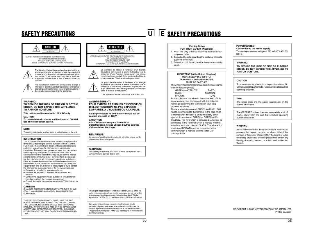 JVC BR-DV600E manual Safety Precautions, Must be Earthed 