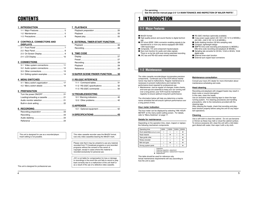 JVC BR-DV600E manual Contents, Introduction, Major Features, Maintenance 