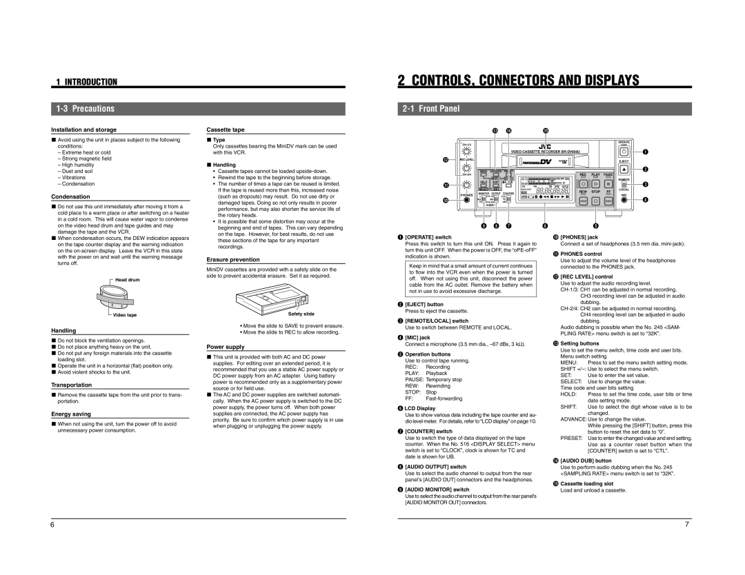 JVC BR-DV600E manual CONTROLS, Connectors and Displays, Introduction, Precautions, Front Panel 