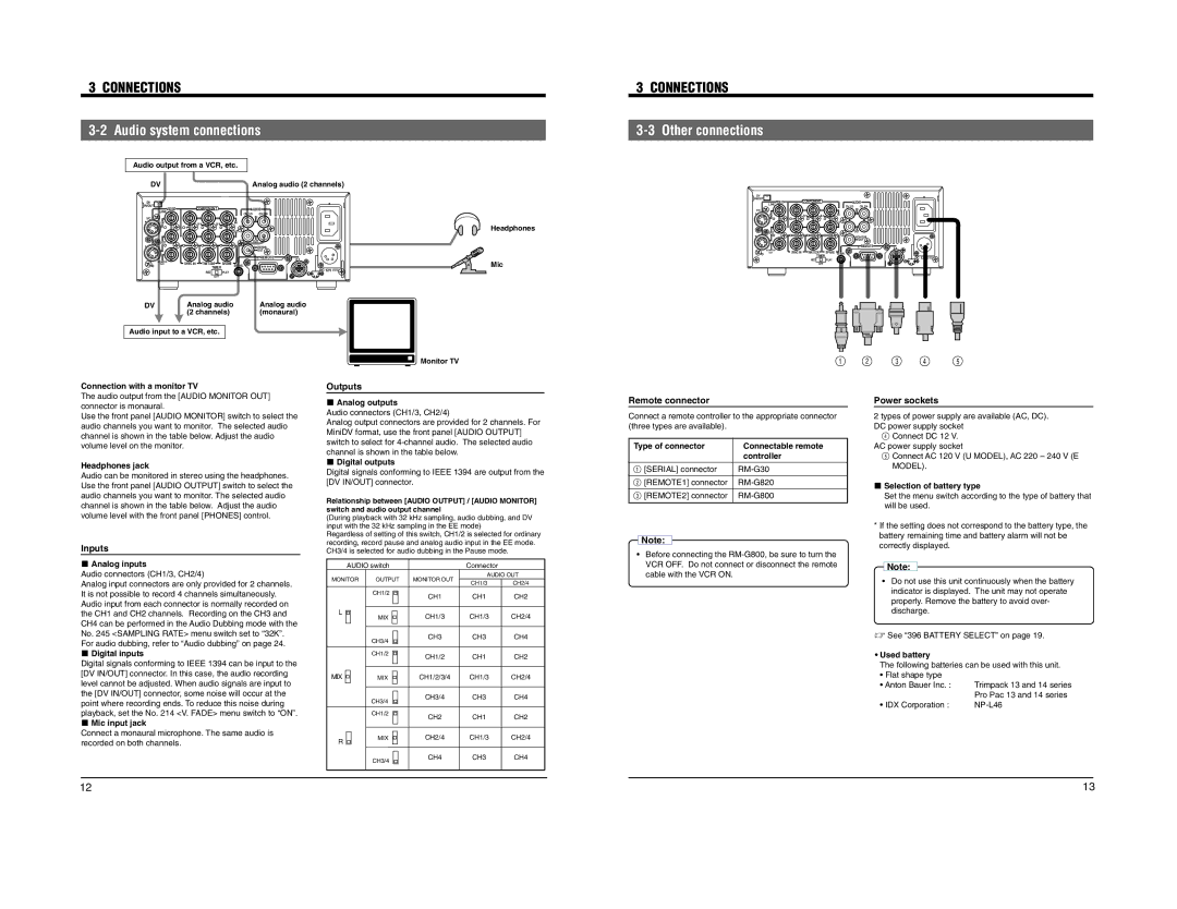 JVC BR-DV600E manual Connections, Audio system connections, Other connections, Remote connector, Power sockets 